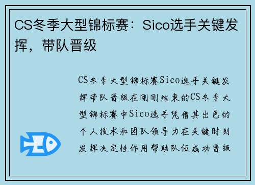 CS冬季大型锦标赛:Sico选手关键发挥,带队晋级 CS冬季大型锦标赛:Sico选手关键发挥,带队晋级