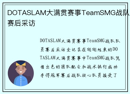 DOTASLAM大满贯赛事TeamSMG战队队员赛后采访
